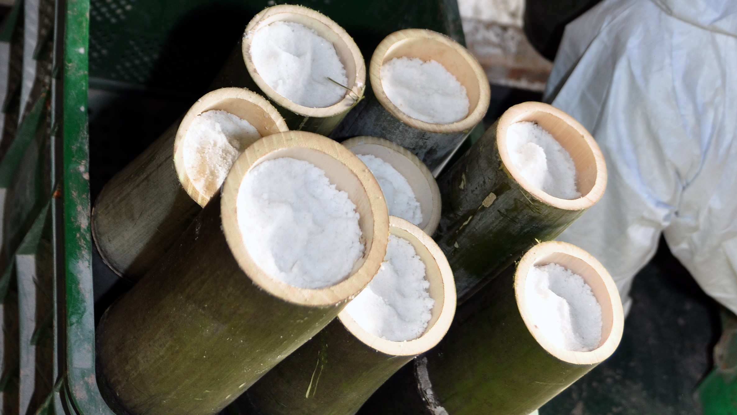 Bamboo filled with unrefined sea salt.