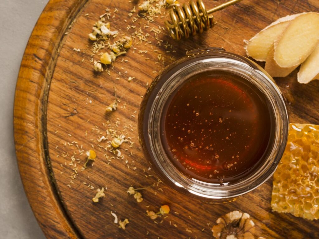 Jar of honey. Healthy for body and mind.